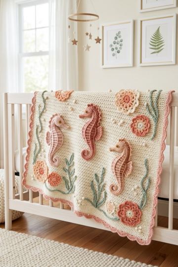 Blush Pink Seahorse Baby Blanket Free Crochet Pattern