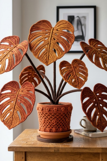 Autumn Burnt Orange Monstera Crochet Plant Free Pattern