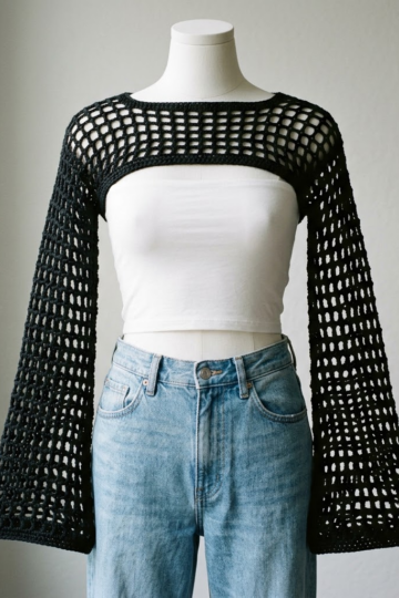 Black Fishnet Crochet Bell Sleeve Shrug Free Pattern