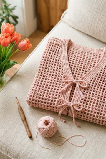 Blush Pink Bow Front Crochet Cardigan Free Pattern