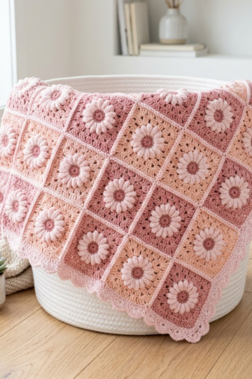 Blush Pink Monochrome Daisy Blanket Free Crochet Pattern