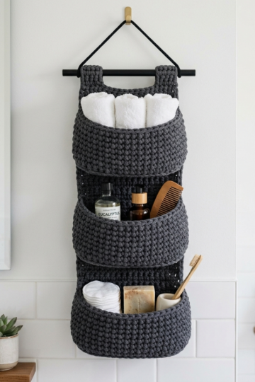 Charcoal Gray Bathroom Storage Basket Free Crochet Pattern