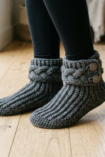 Charcoal Gray Button Cuff Slipper Boots Free Crochet Pattern