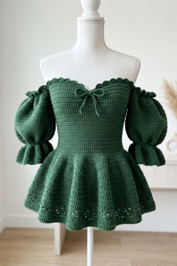 Forest Green Elegant Peplum Crochet Top Free Pattern