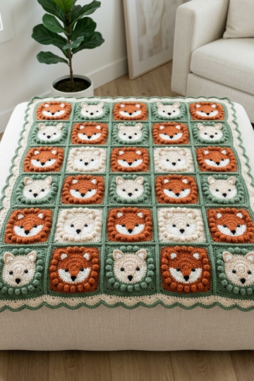 Forest Green Fox Granny Square Baby Blanket Free Pattern