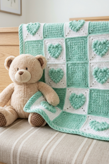 Mint Green Heart Granny Square Baby Blanket Free Crochet Pattern