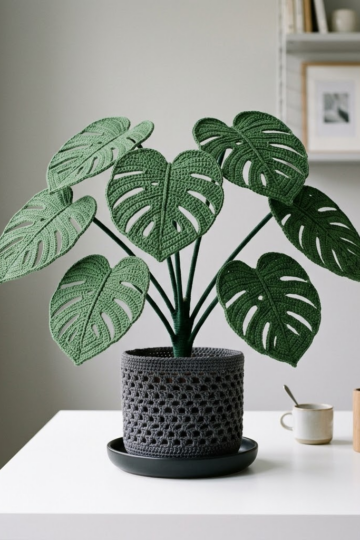 Modern Monstera Crochet Plant for Home Office Desk