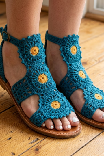 Ocean Blue Boho Crochet Gladiator Sandals Free Pattern