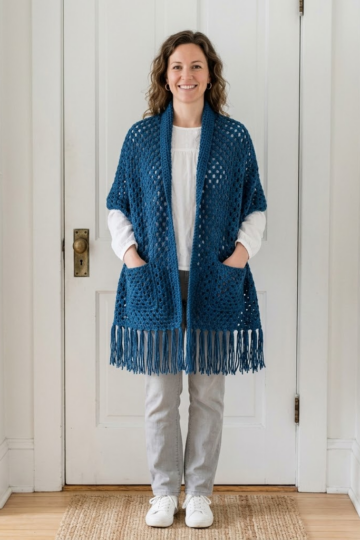 Ocean Blue Granny Square Pocket Shawl Free Crochet Pattern