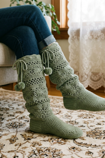 Sage Green Boho Crochet Lace Boots Free Pattern