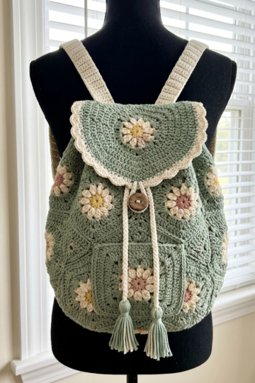 Sage Green Botanical Granny Backpack Free Crochet Pattern