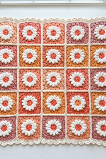 Sunset Ombre Daisy Granny Square Blanket Free Crochet Pattern