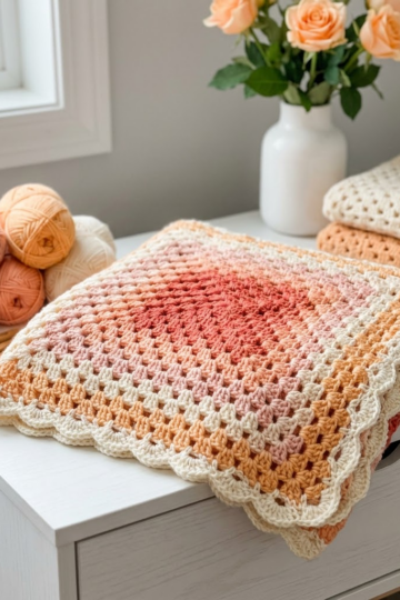 Sunset Peach and Coral Granny Square Blanket Free Crochet Pattern