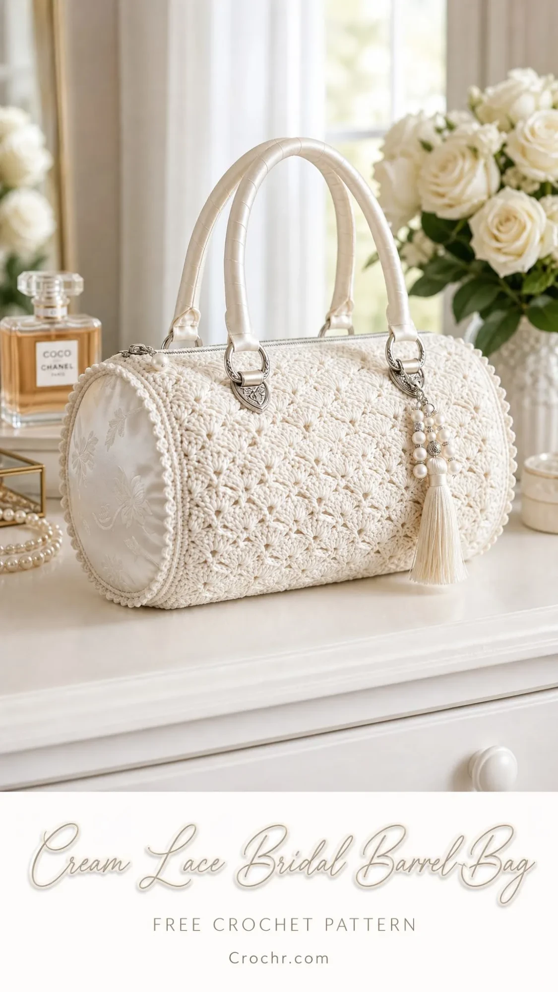 Cream Lace Bridal Barrel Bag Free Crochet Pattern