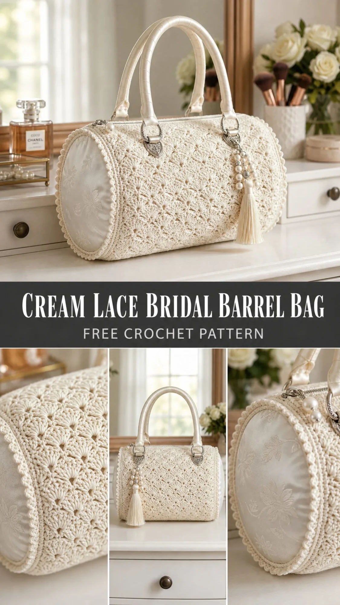 Cream Lace Bridal Barrel Bag Free Crochet Pattern