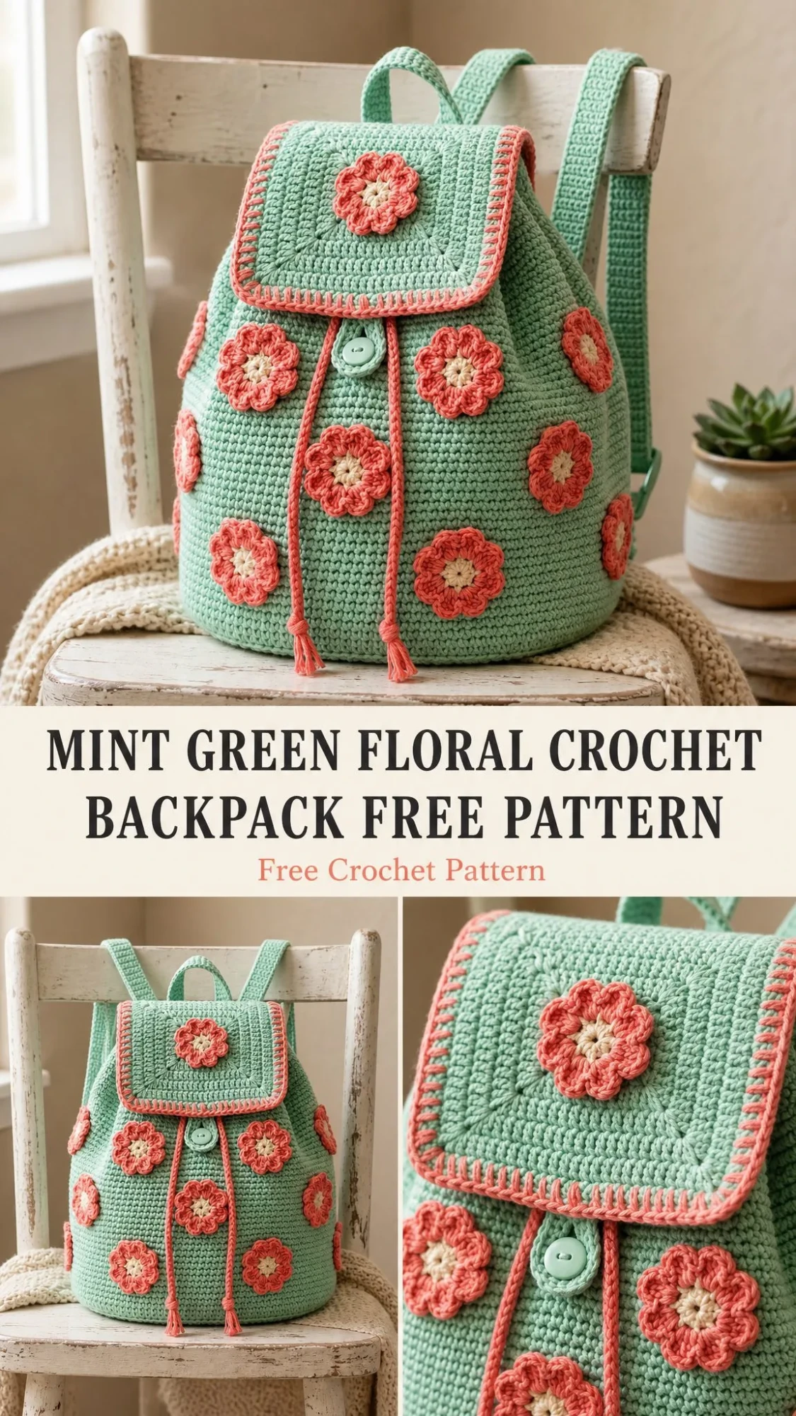 Mint Green Floral Crochet Backpack Free Pattern