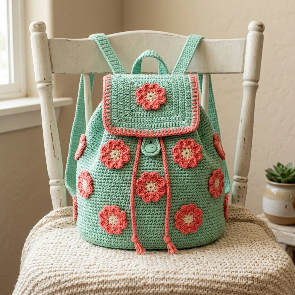Mint Green Floral Crochet Backpack Free Pattern