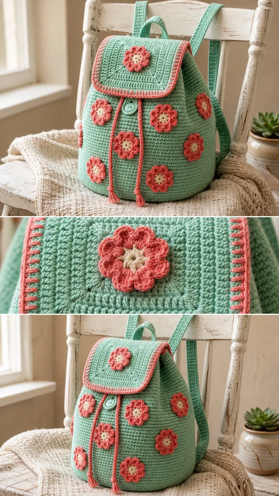 Mint Green Floral Crochet Backpack Free Pattern