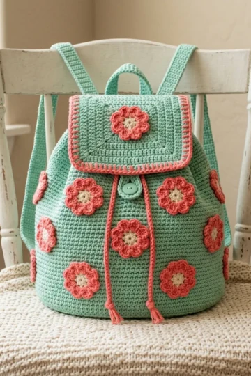Mint Green Floral Crochet Backpack Free Pattern