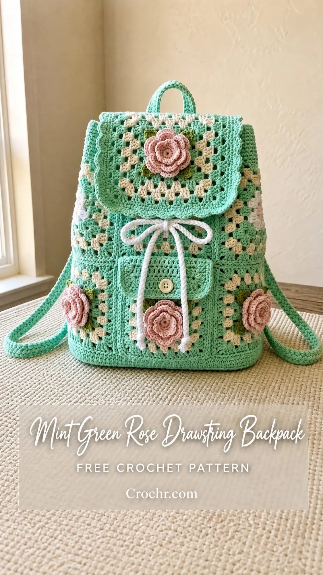 Mint Green Rose Drawstring Backpack Free Crochet Pattern