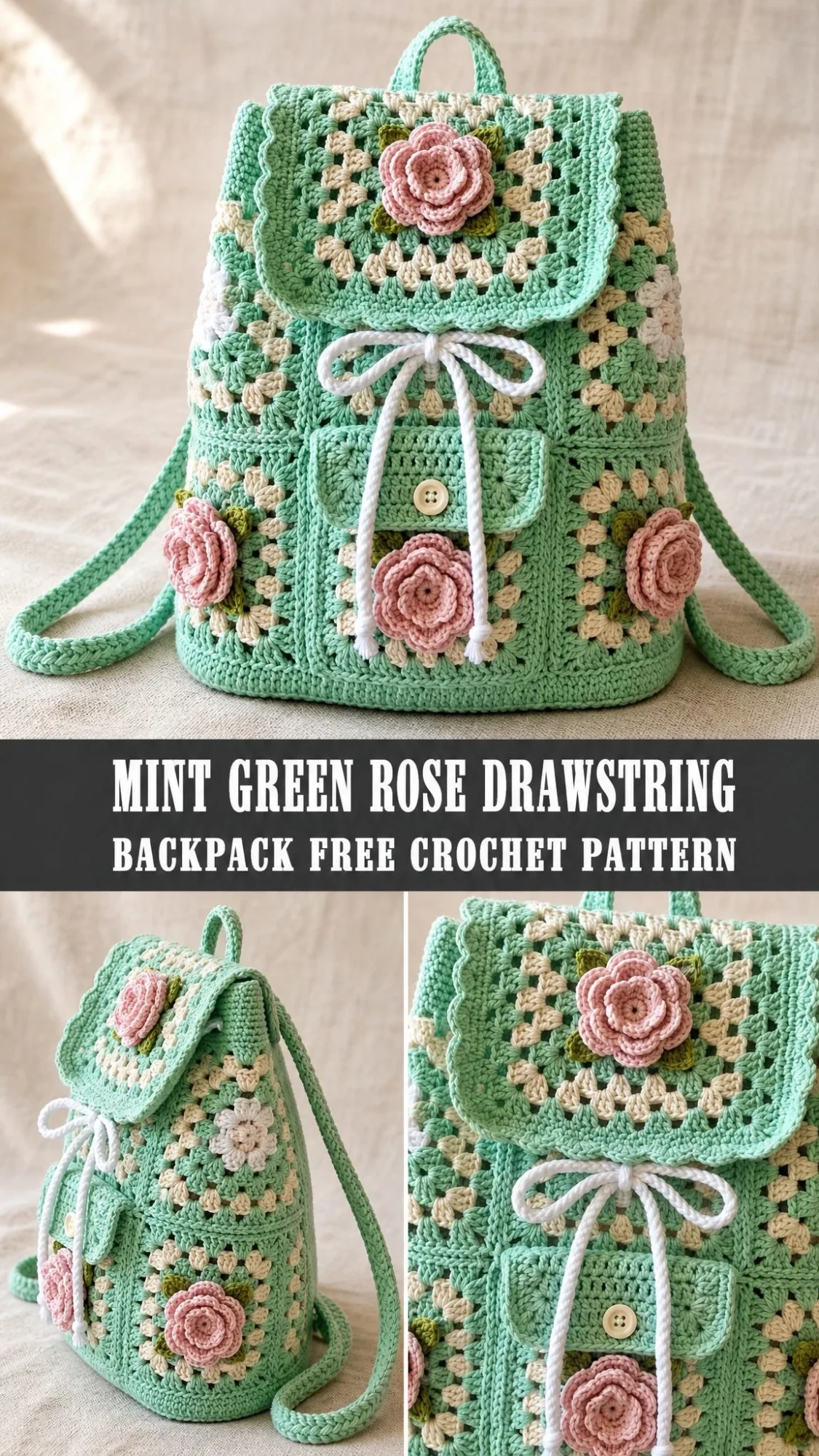 Mint Green Rose Drawstring Backpack Free Crochet Pattern