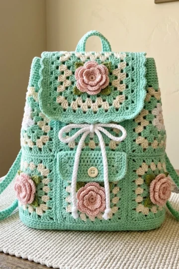 Mint Green Rose Drawstring Backpack Free Crochet Pattern