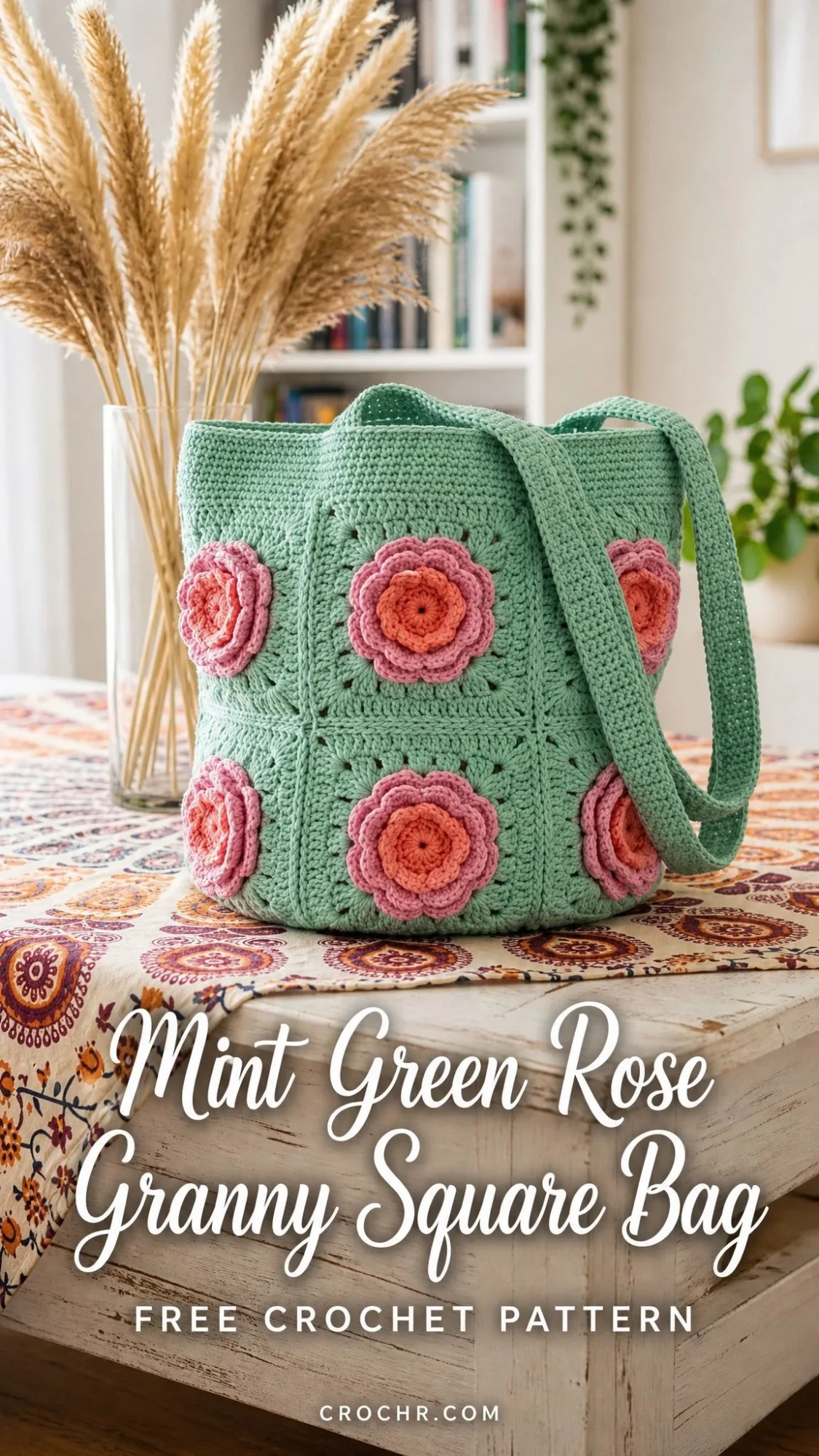 Mint Green Rose Granny Square Bag Free Crochet Pattern
