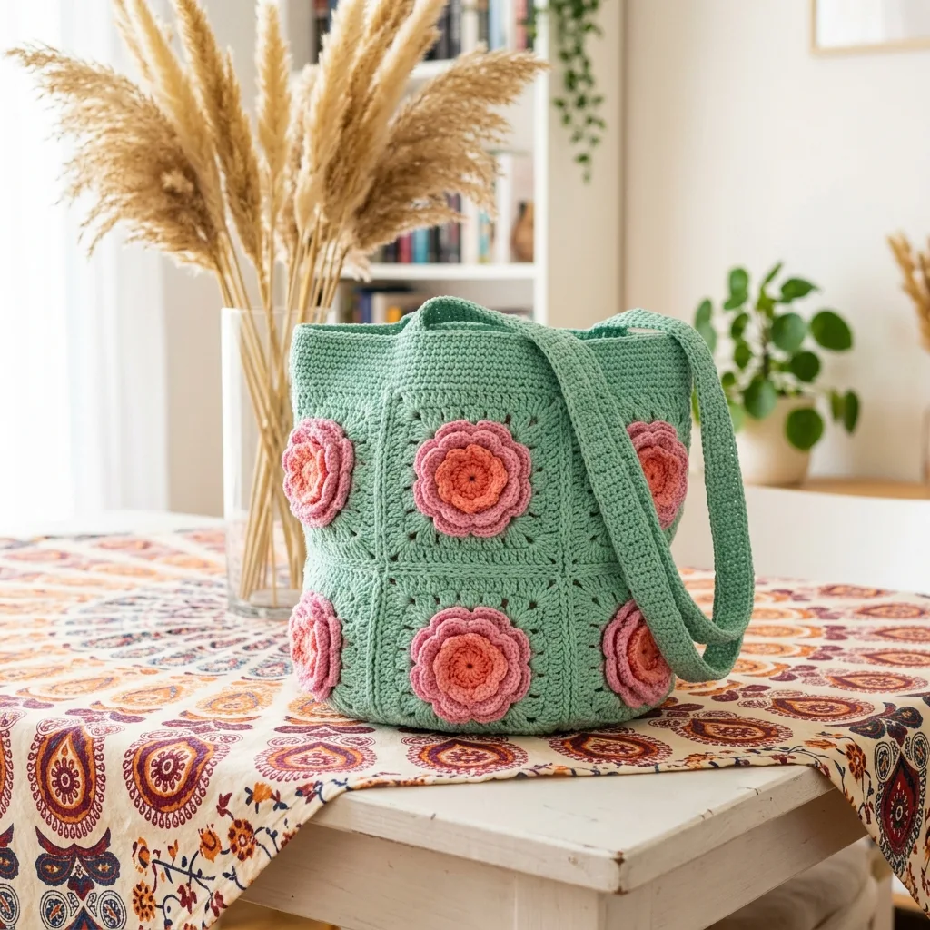Mint Green Rose Granny Square Bag Free Crochet Pattern