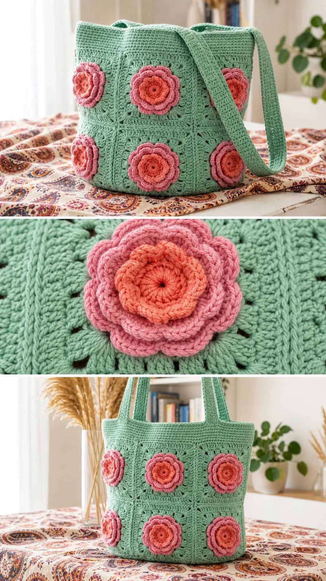 Mint Green Rose Granny Square Bag Free Crochet Pattern