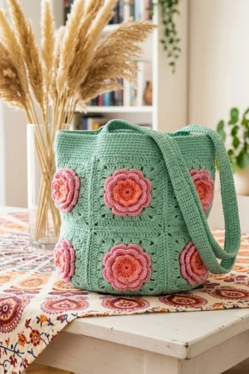Mint Green Rose Granny Square Bag Free Crochet Pattern