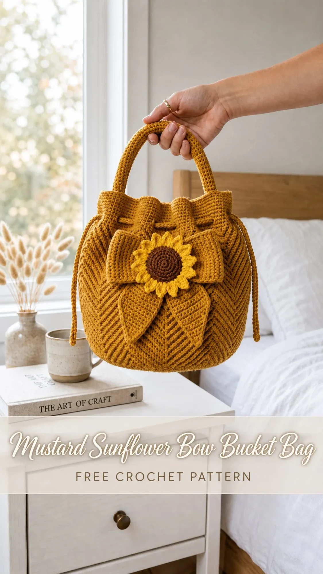 Mustard Sunflower Bow Bucket Bag Free Crochet Pattern