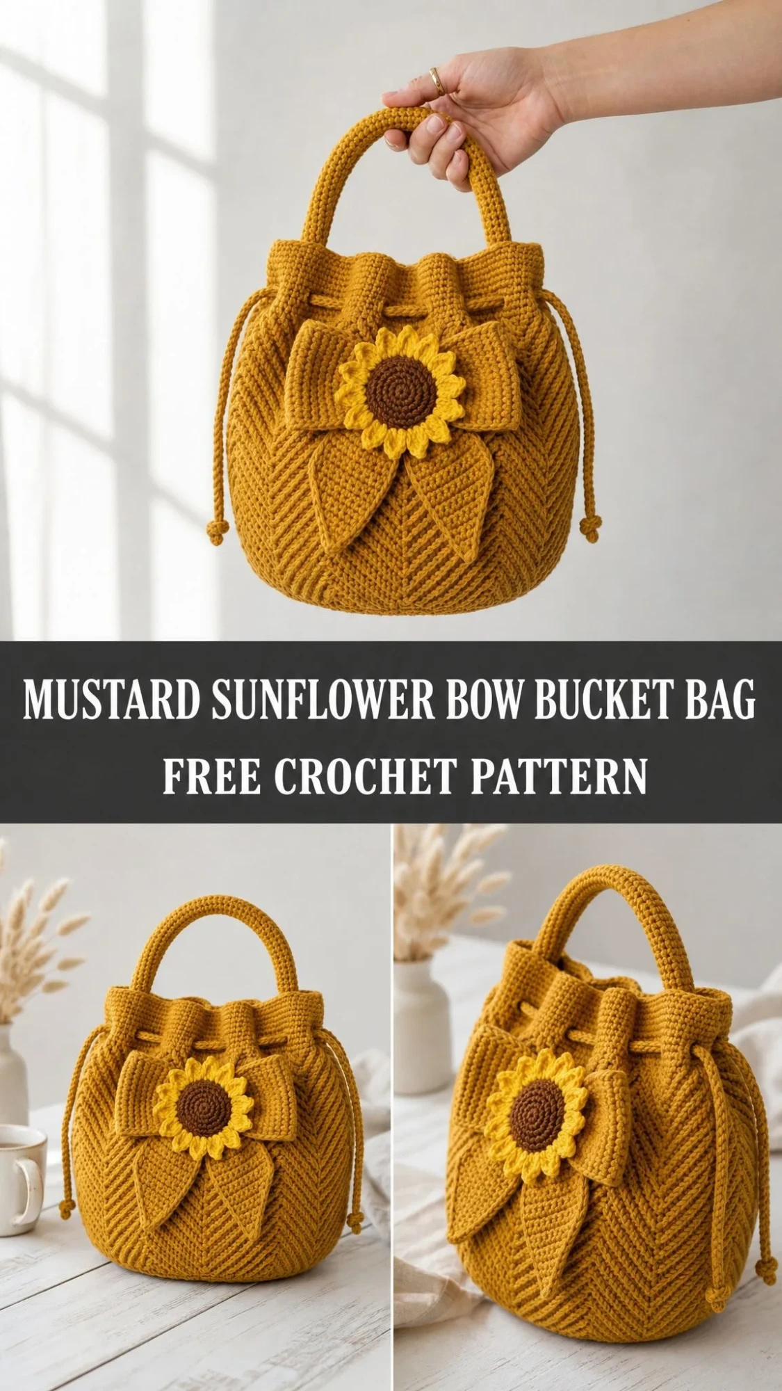 Mustard Sunflower Bow Bucket Bag Free Crochet Pattern