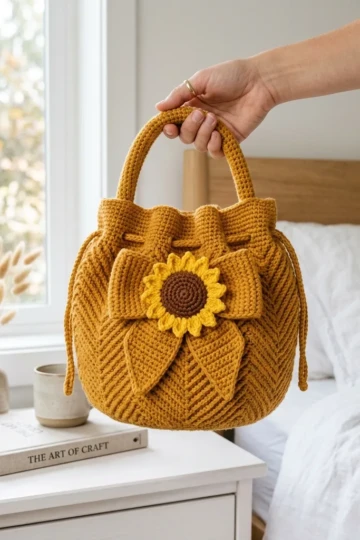 Mustard Sunflower Bow Bucket Bag Free Crochet Pattern