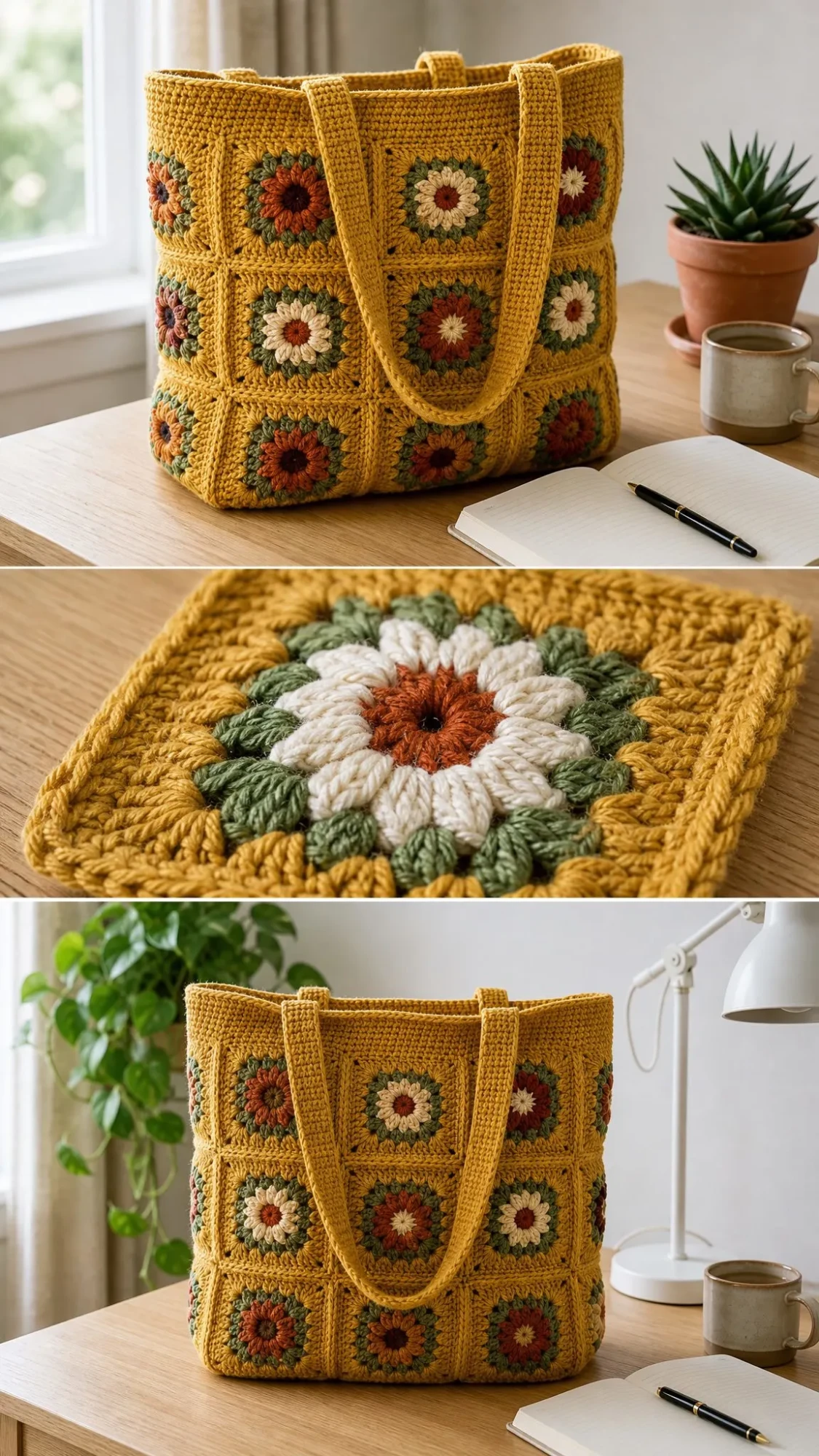 Mustard Yellow Wildflower Granny Tote Free Pattern