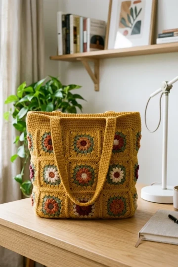 Mustard Yellow Wildflower Granny Tote Free Pattern