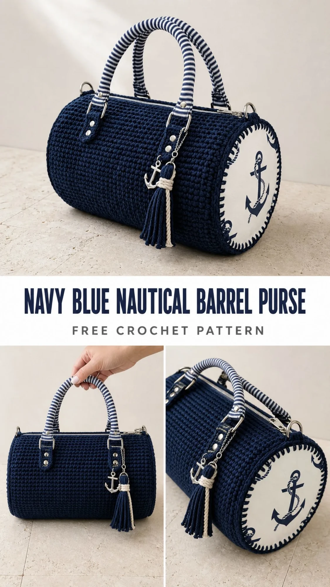 Navy Blue Nautical Barrel Purse Free Crochet Pattern