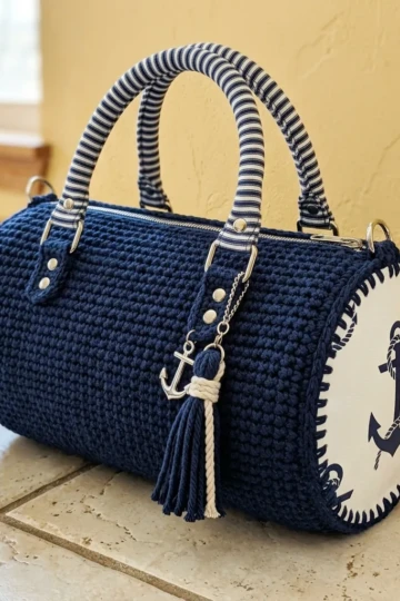 Navy Blue Nautical Barrel Purse Free Crochet Pattern