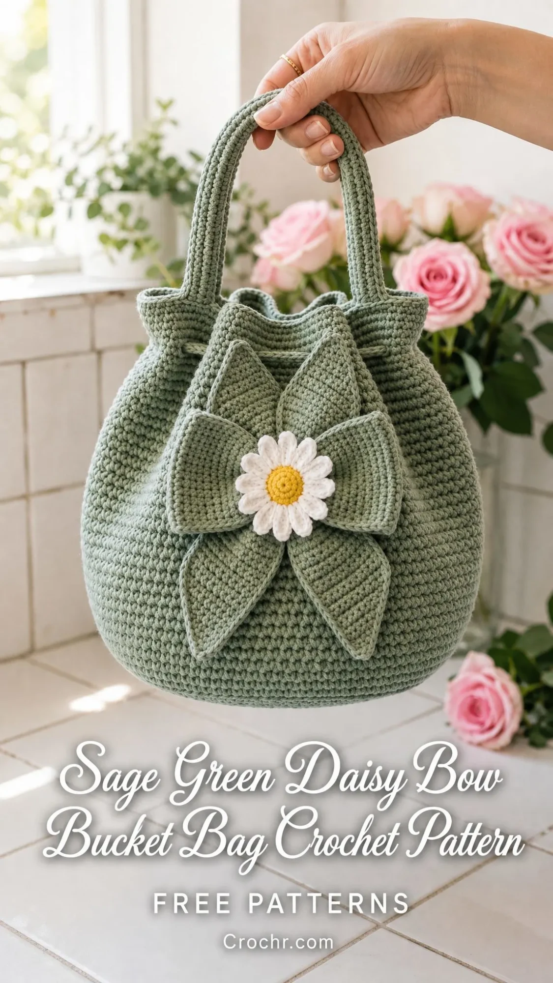 Sage Green Daisy Bow Bucket Bag Free Crochet Pattern