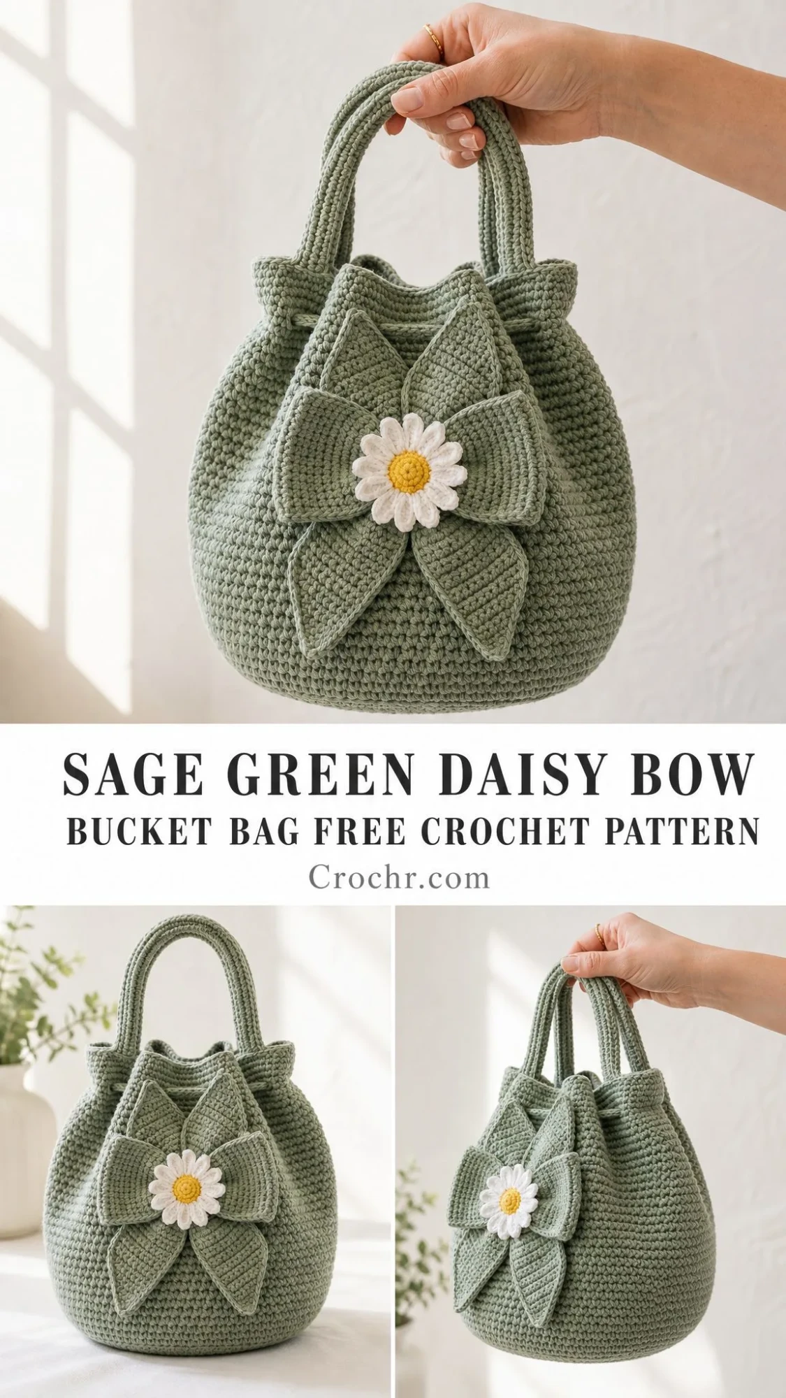 Sage Green Daisy Bow Bucket Bag Free Crochet Pattern