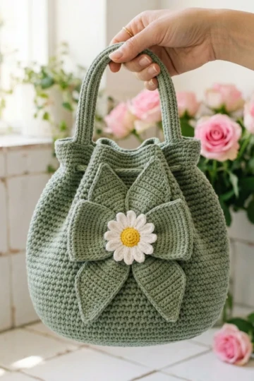 Sage Green Daisy Bow Bucket Bag Free Crochet Pattern