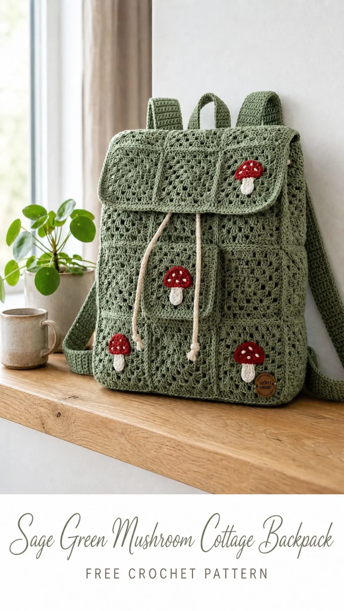Sage Green Mushroom Cottage Backpack Free Crochet Pattern
