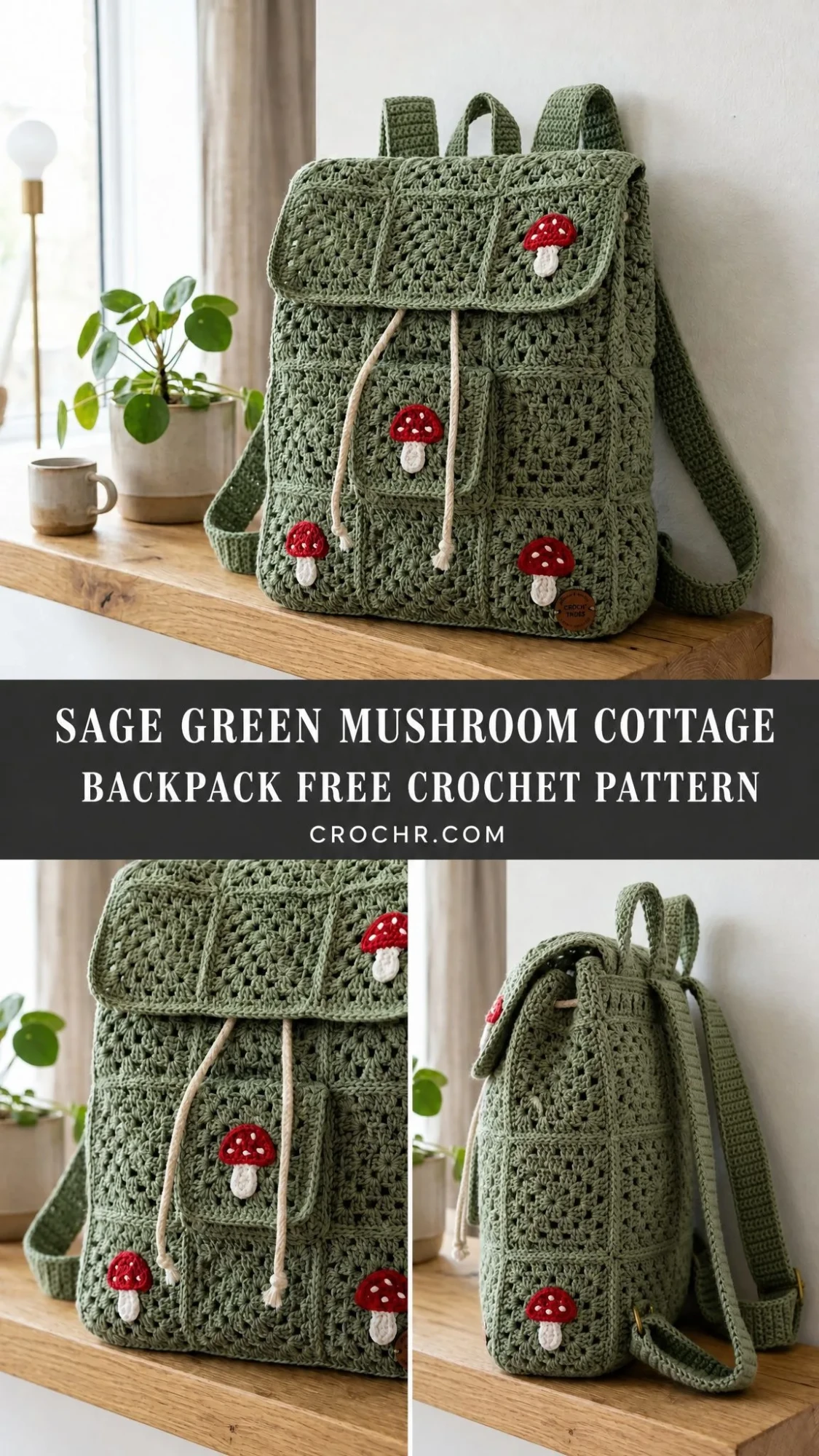 Sage Green Mushroom Cottage Backpack Free Crochet Pattern