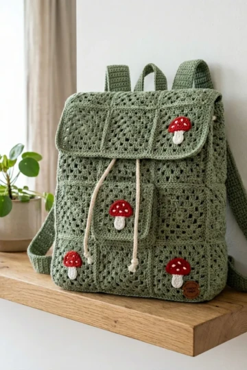 Sage Green Mushroom Cottage Backpack Free Crochet Pattern