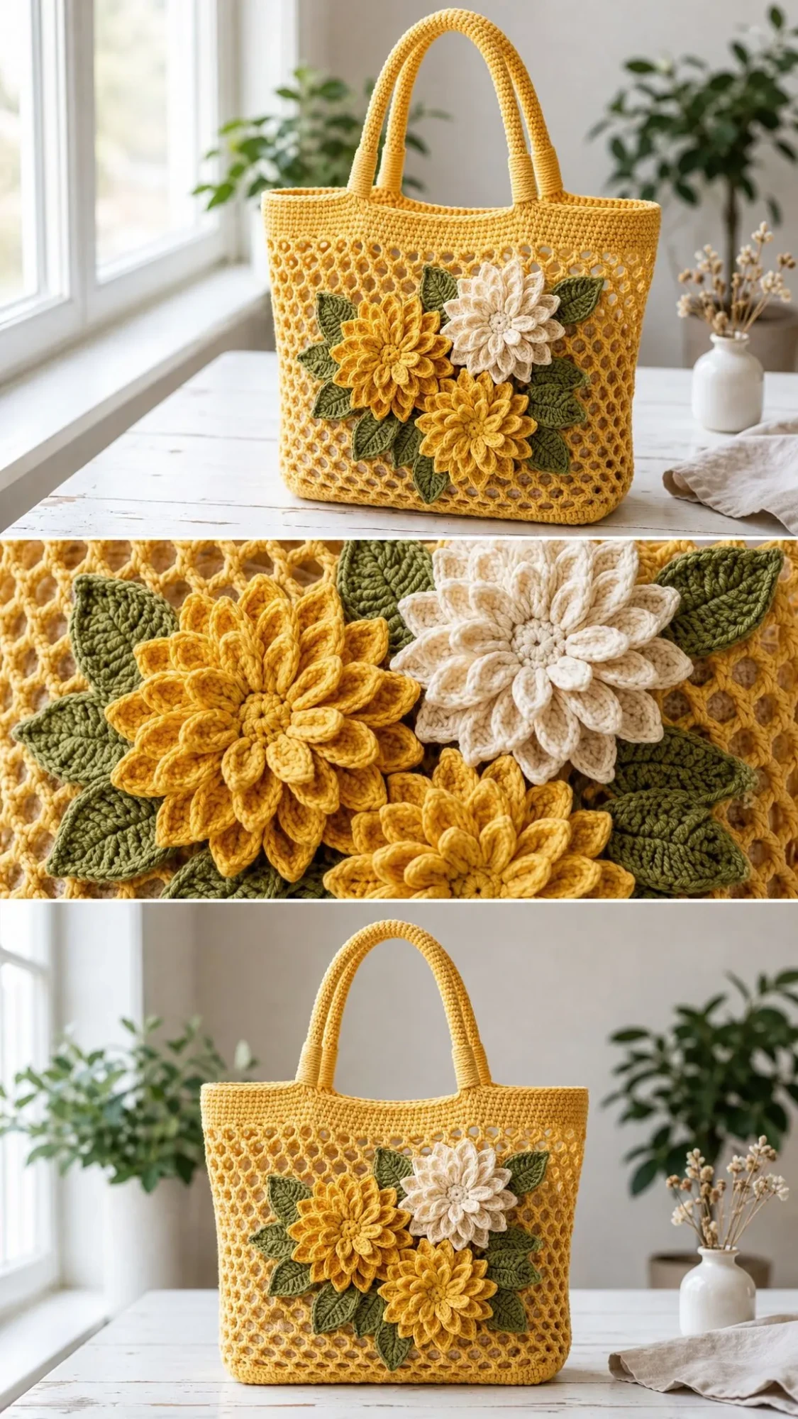 Sunny Yellow Dahlia Tote Free Crochet Pattern