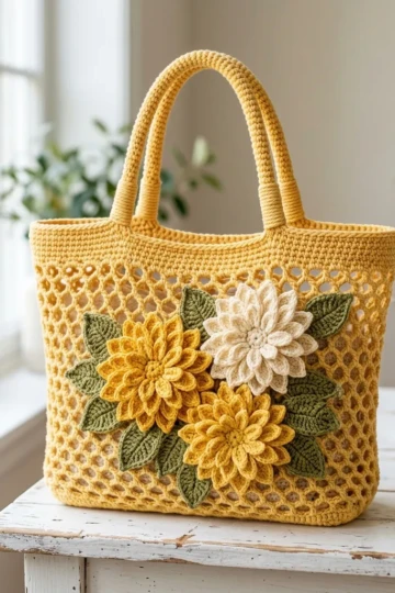 Sunny Yellow Dahlia Tote Free Crochet Pattern