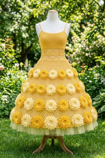 Sunshine Yellow Dahlia Crochet Dress Free Crochet Pattern