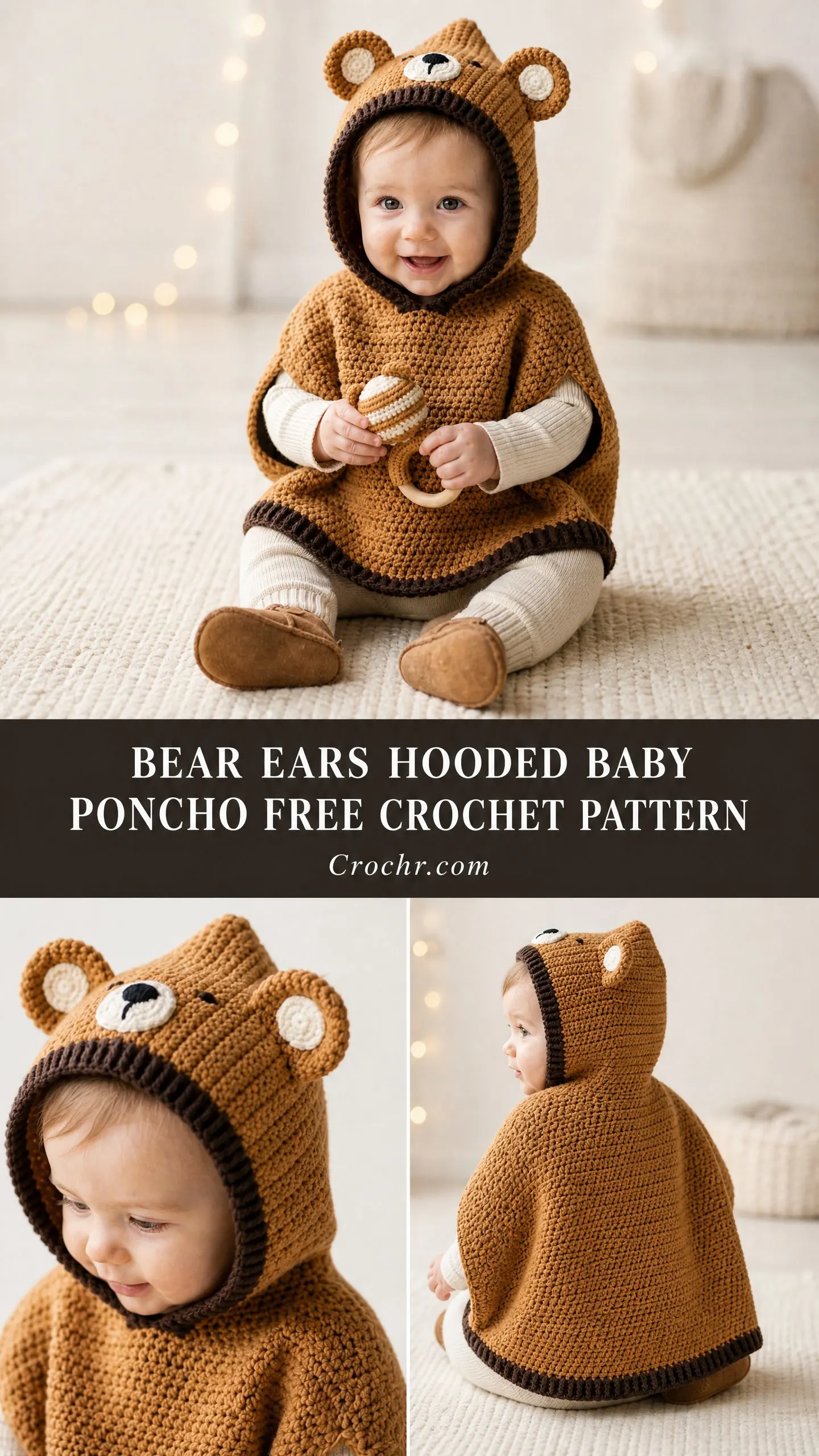 Bear Ears Hooded Baby Poncho Free Crochet Pattern