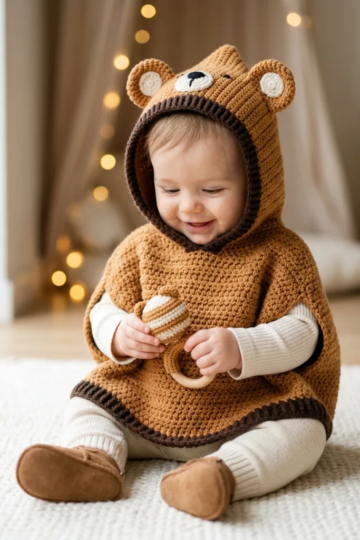 Bear Ears Hooded Baby Poncho Free Crochet Pattern