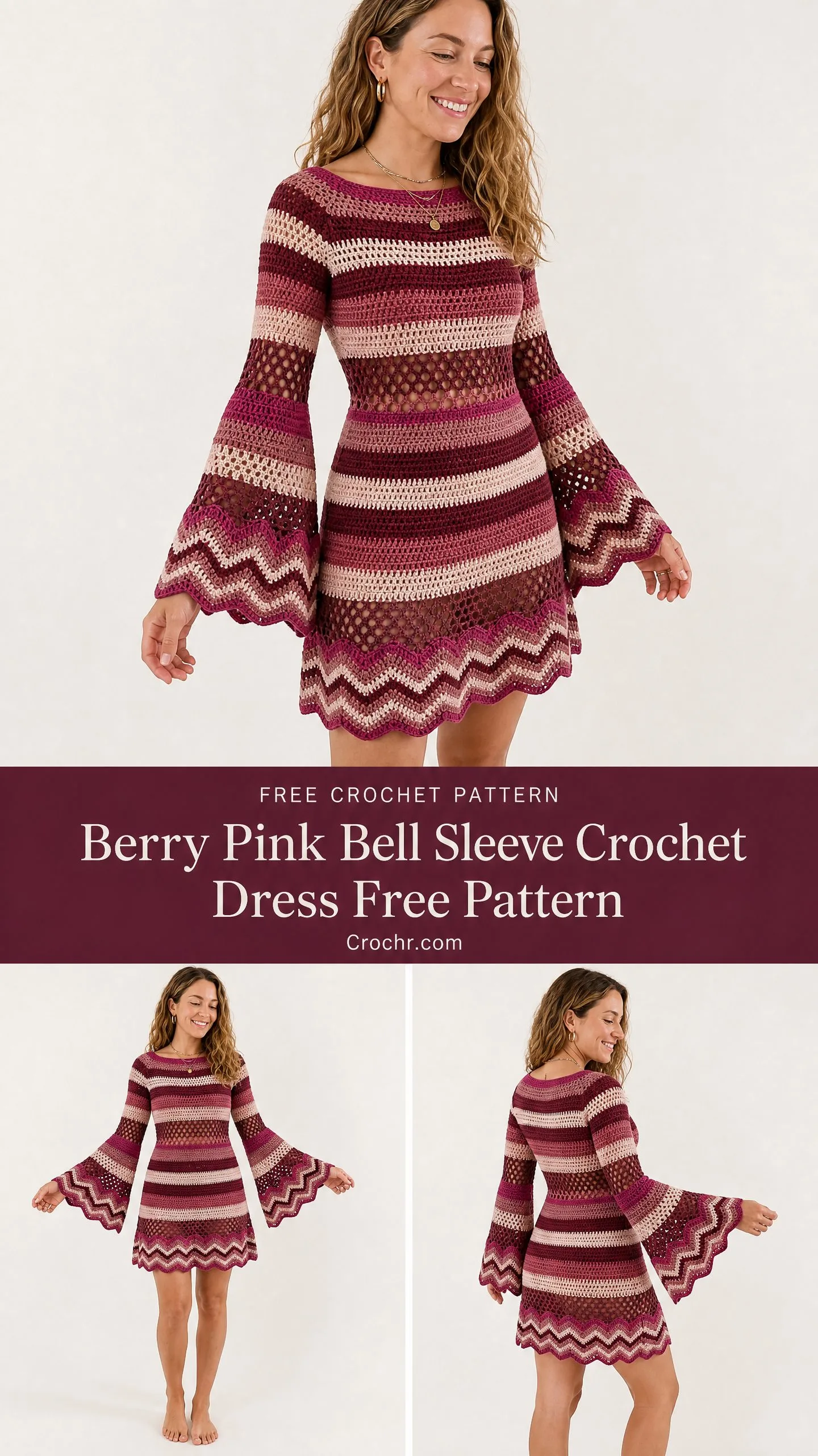Berry Pink Bell Sleeve Crochet Dress Free Pattern