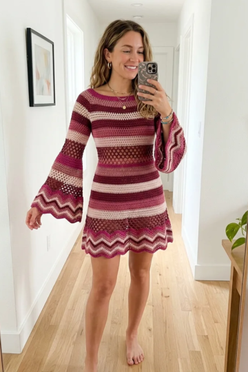 Berry Pink Bell Sleeve Crochet Dress Free Pattern